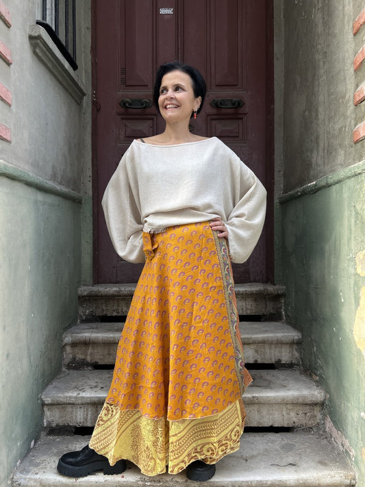 Nepal İpek Çift Taraflı Bağlamalı Etek – Sarı Desenli