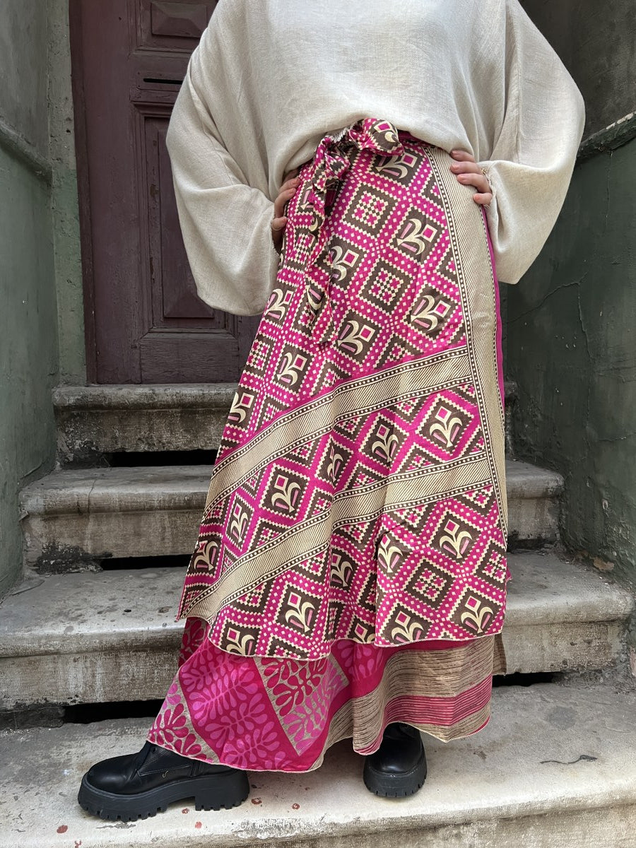 Bohem Nepal Çift Taraflı Desenli Bağlamalı İpek Etek