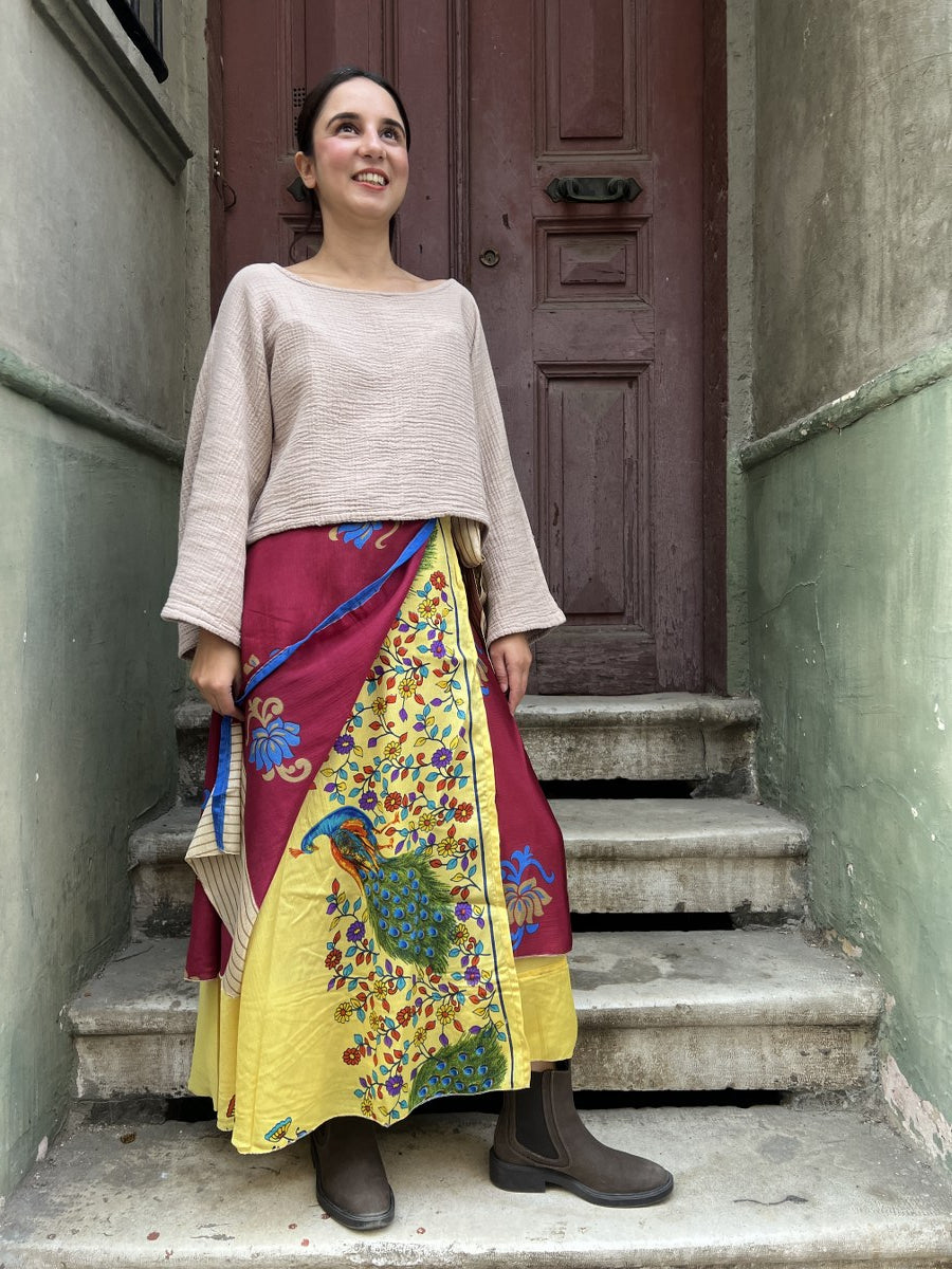 Çift Taraflı Nepal Bohem İpek Etek – Bordo Sarı Desenli