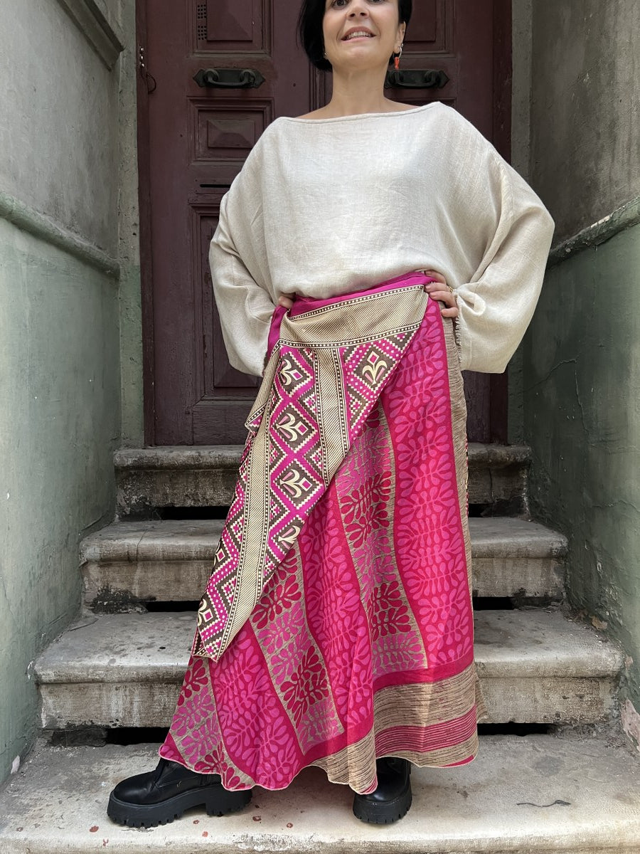 Bohem Nepal Çift Taraflı Desenli Bağlamalı İpek Etek