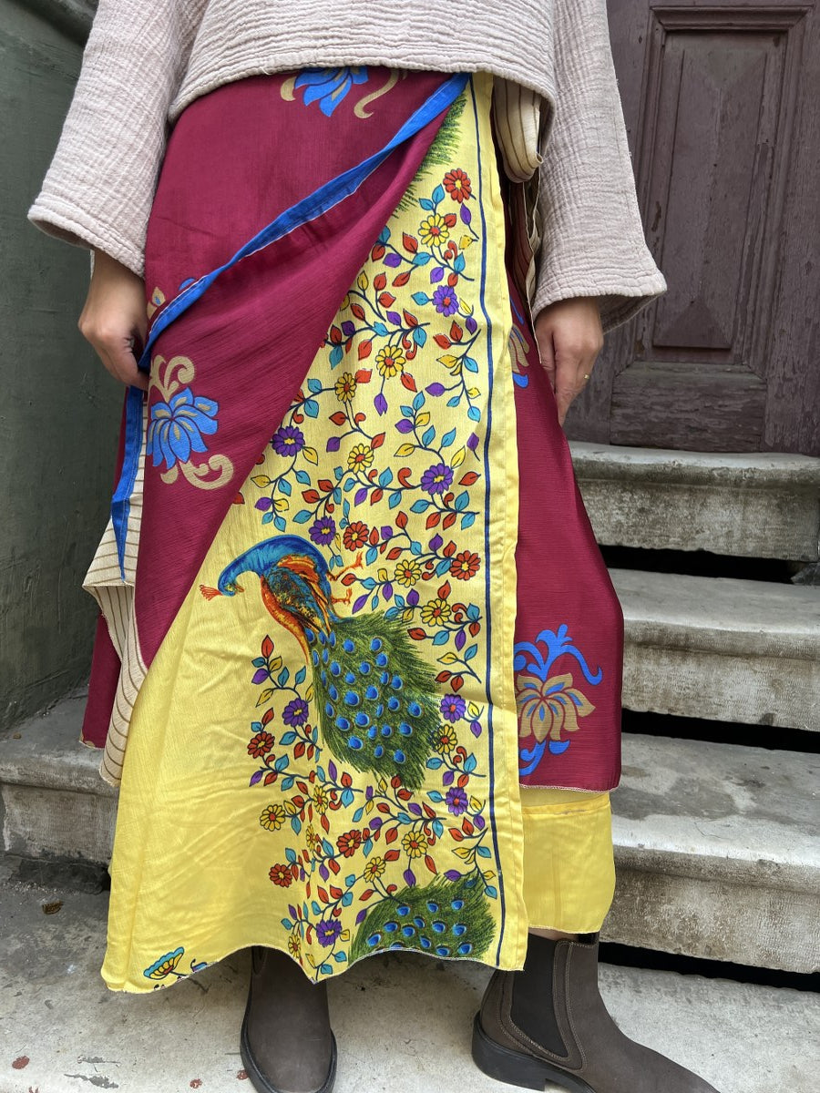 Çift Taraflı Nepal Bohem İpek Etek – Bordo Sarı Desenli