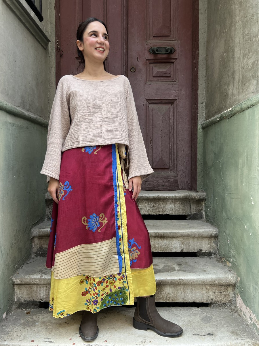 Çift Taraflı Nepal Bohem İpek Etek – Bordo Sarı Desenli