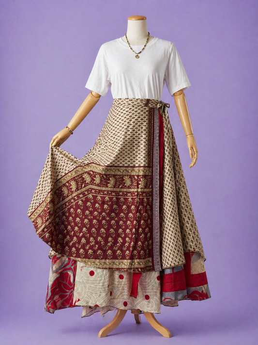 Çift Taraflı Bağlamalı İpek Etek Sarong – Bordo Bej Desenli (Nepal)