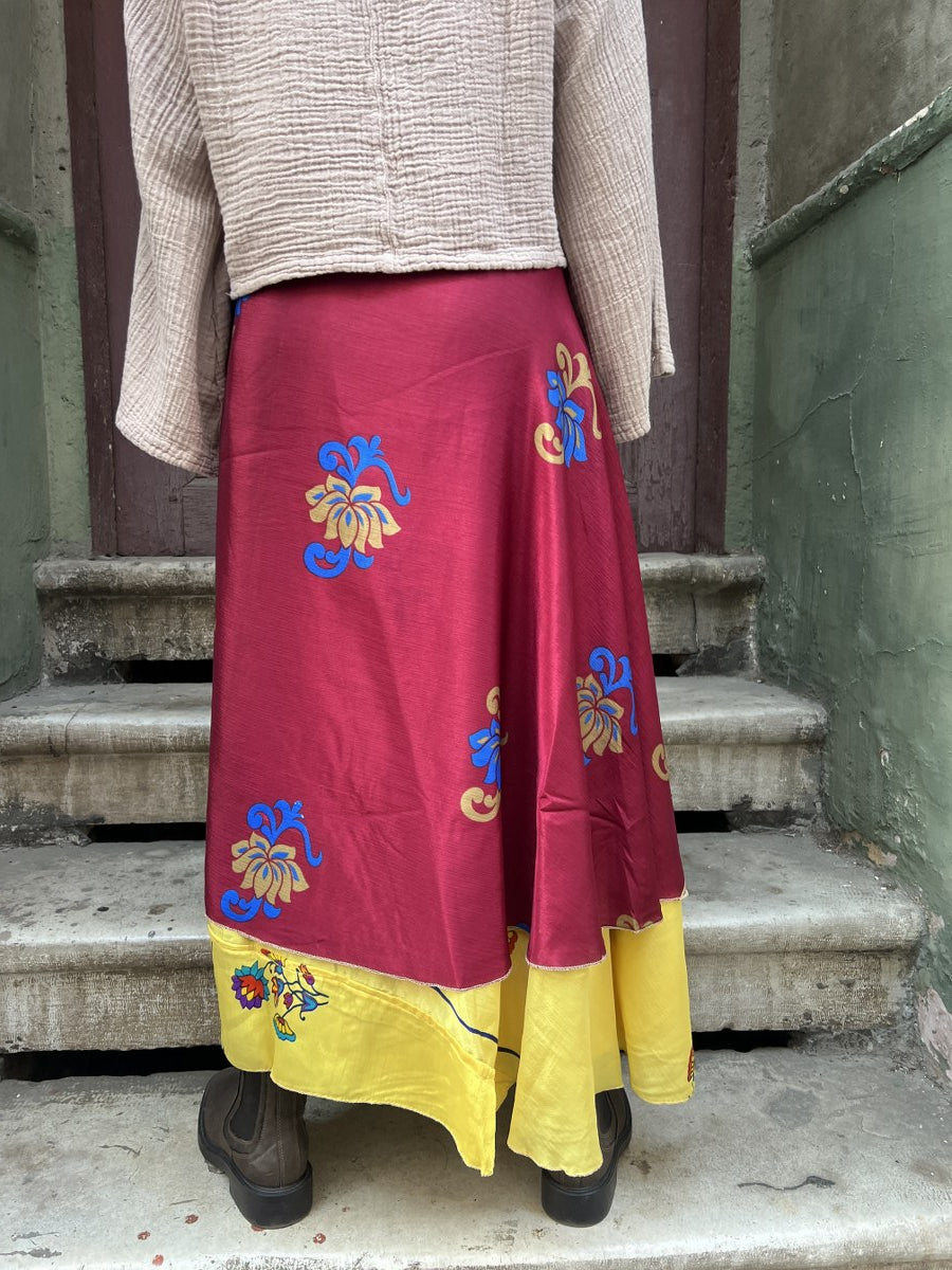 Çift Taraflı Nepal Bohem İpek Etek – Bordo Sarı Desenli