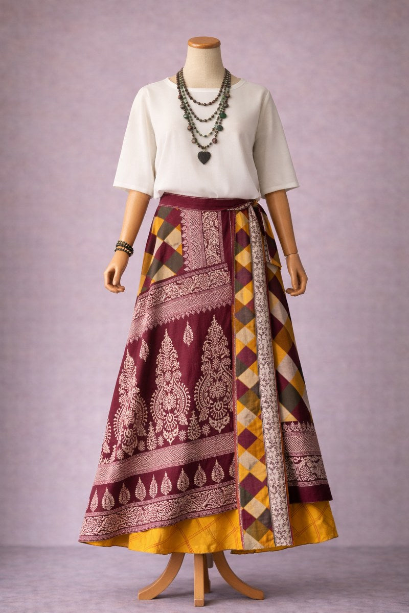 Çift Taraflı Bağlamalı İpek Etek – Bordo Hardal