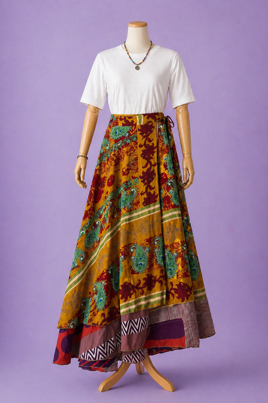 Çift Taraflı Bağlamalı İpek Etek Sarong – Renkli Desenli (Nepal)