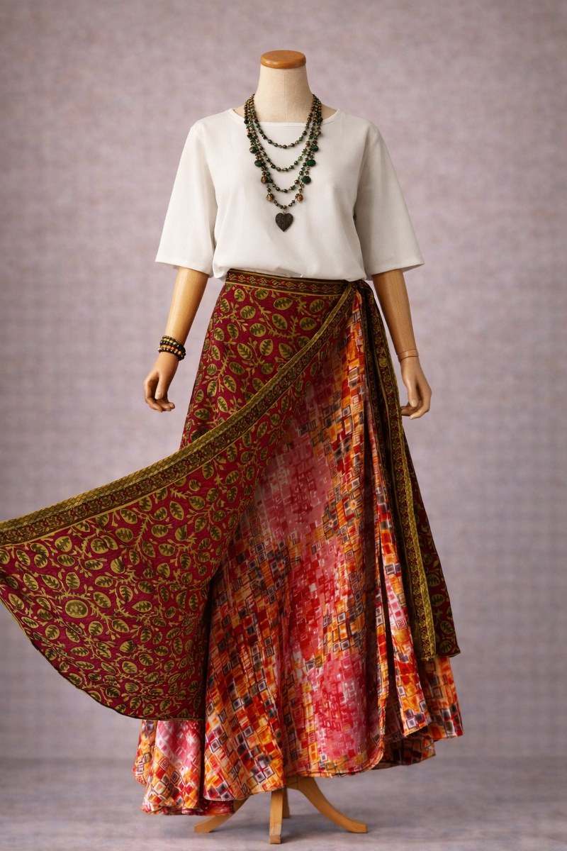 Çift Taraflı Bağlamalı İpek Etek – Haki Bordo 