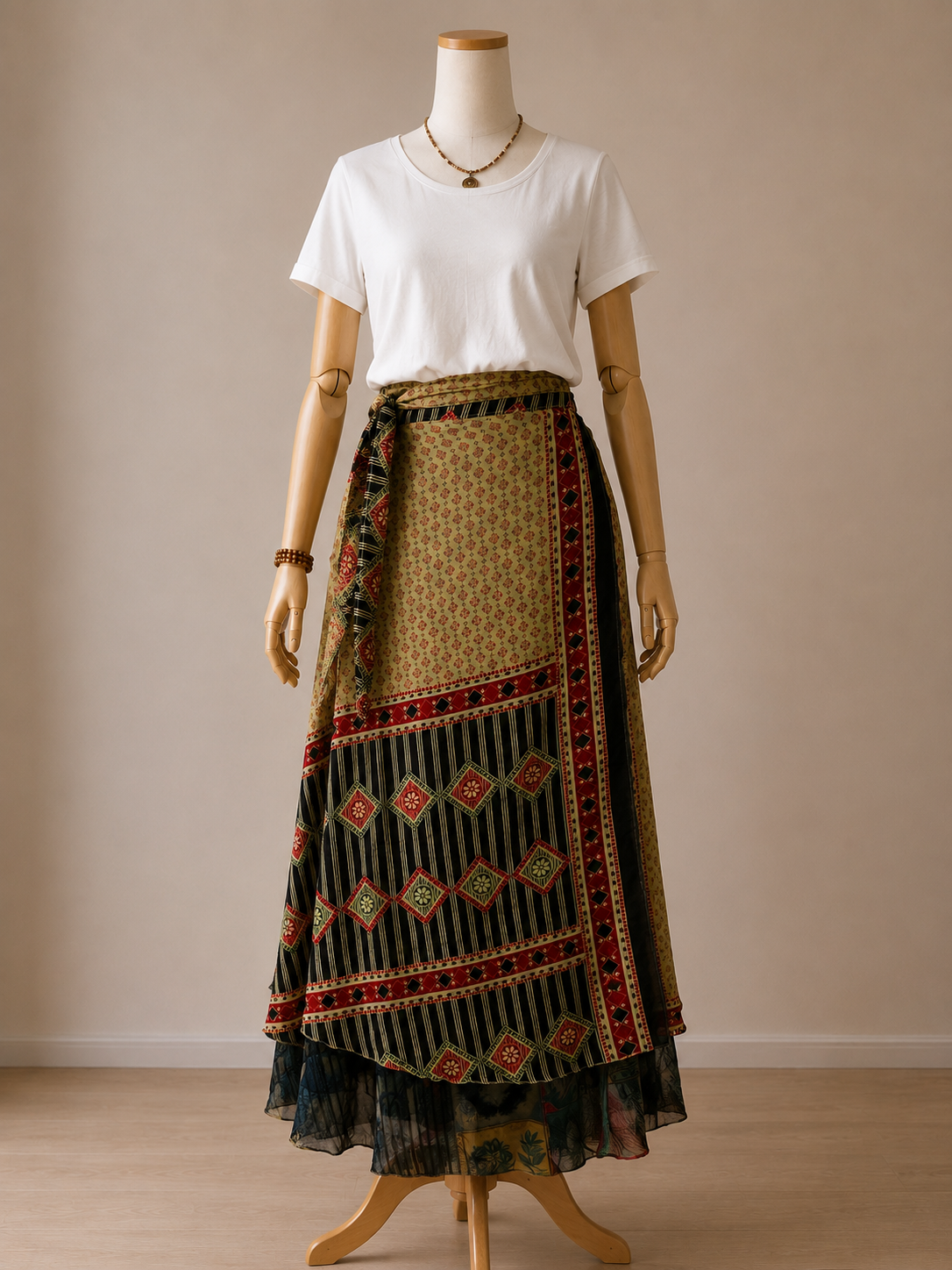 Çift Taraflı Bağlamalı İpek Etek Sarong – Siyah Haki Desenli