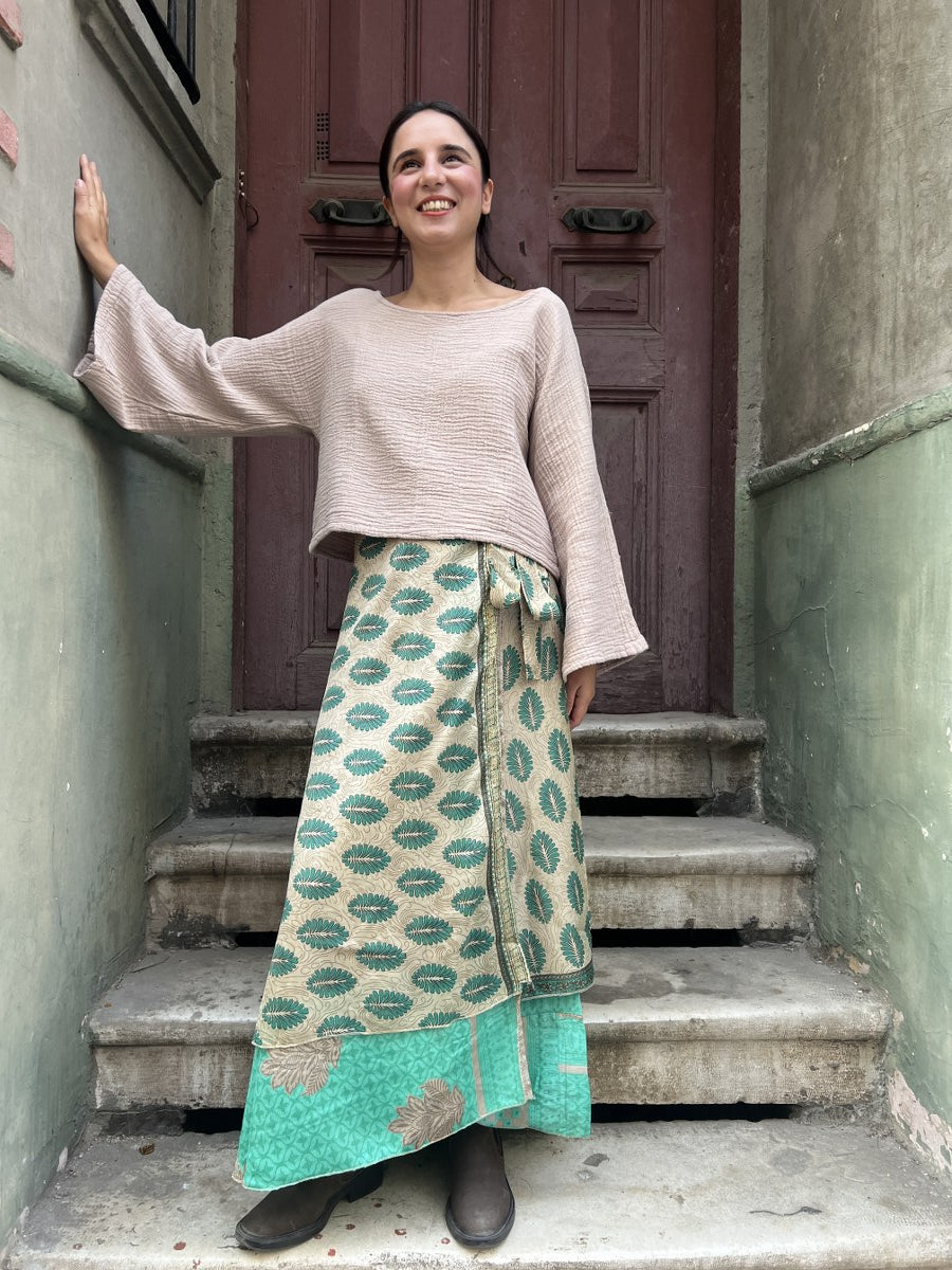 Bohem Nepal Yeşil Bej Yapraklı Desenli Bağlamalı İpek Etek