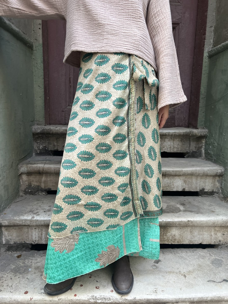 Bohem Nepal Yeşil Yapraklı Desenli Bağlamalı İpek Etek