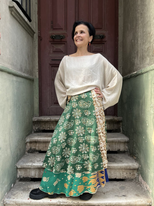 Nepal Çift Taraflı İpek Etek – Yeşil Desenli, El Yapımı, Bohem Tarz