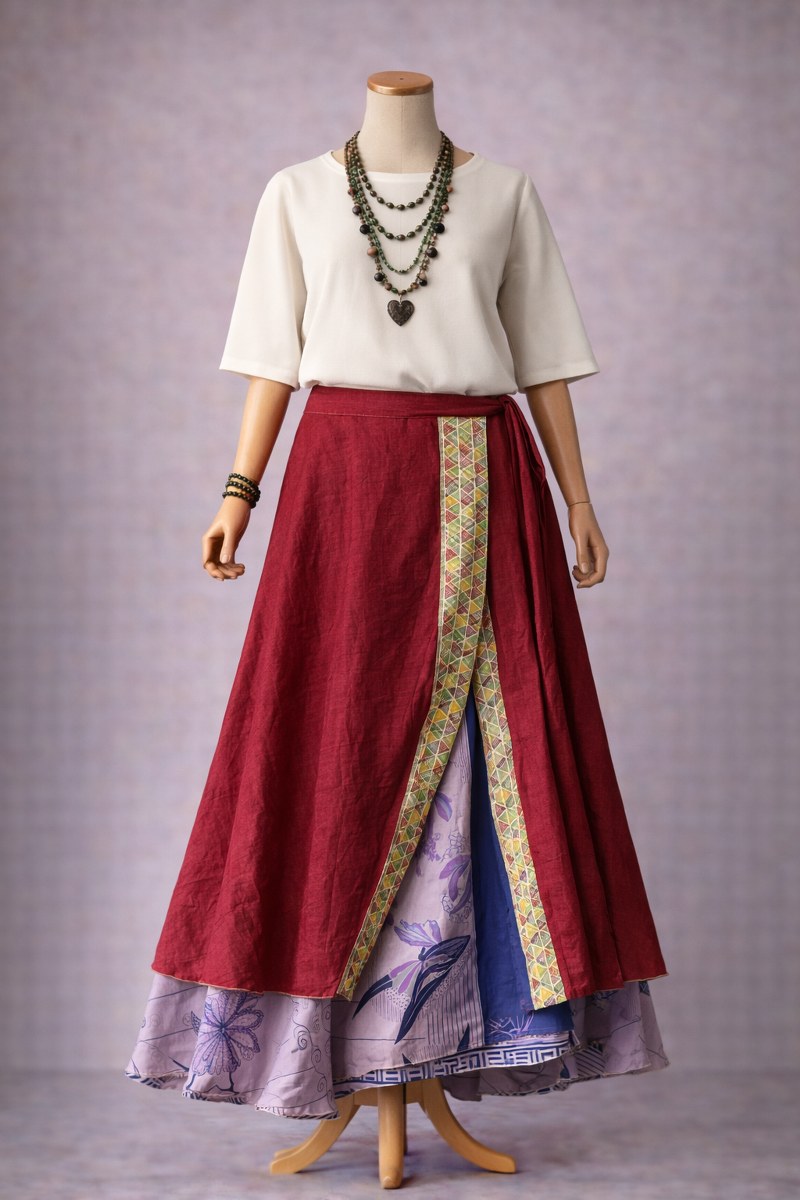 Çift Taraflı Bağlamalı İpek Etek – Bordo Şerit