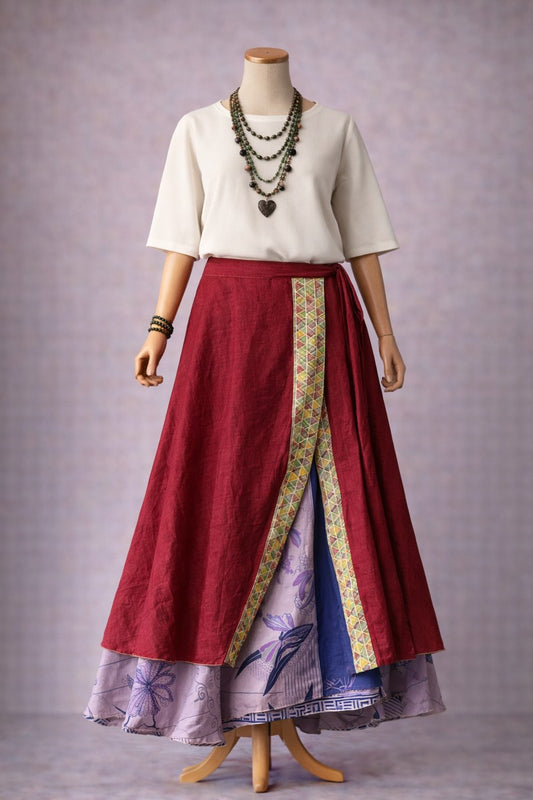 Çift Taraflı Bağlamalı İpek Etek – Bordo Şerit