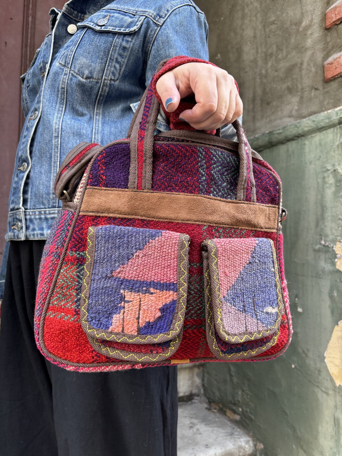 El Yapımı Patchwork Kilim Çanta - Mor Kırmızı