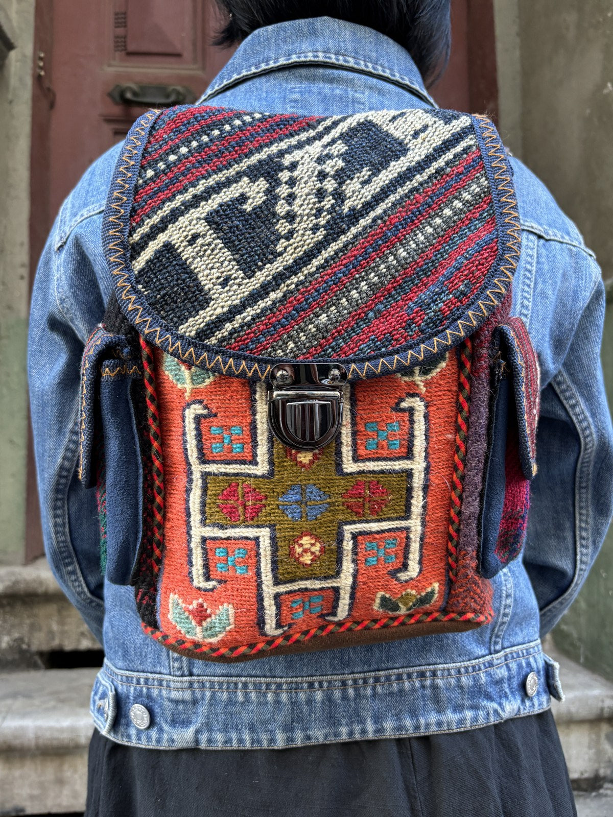 Bohem Turuncu Renkli Mini Kilim Sırt Çantası