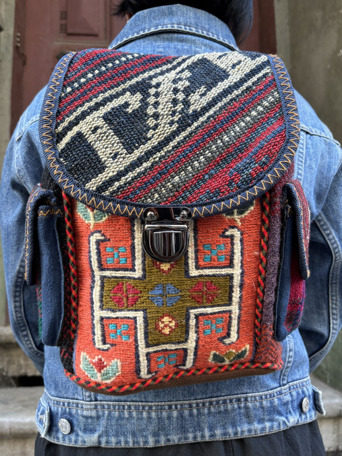 Bohem Turuncu Renkli Mini Kilim Sırt Çantası