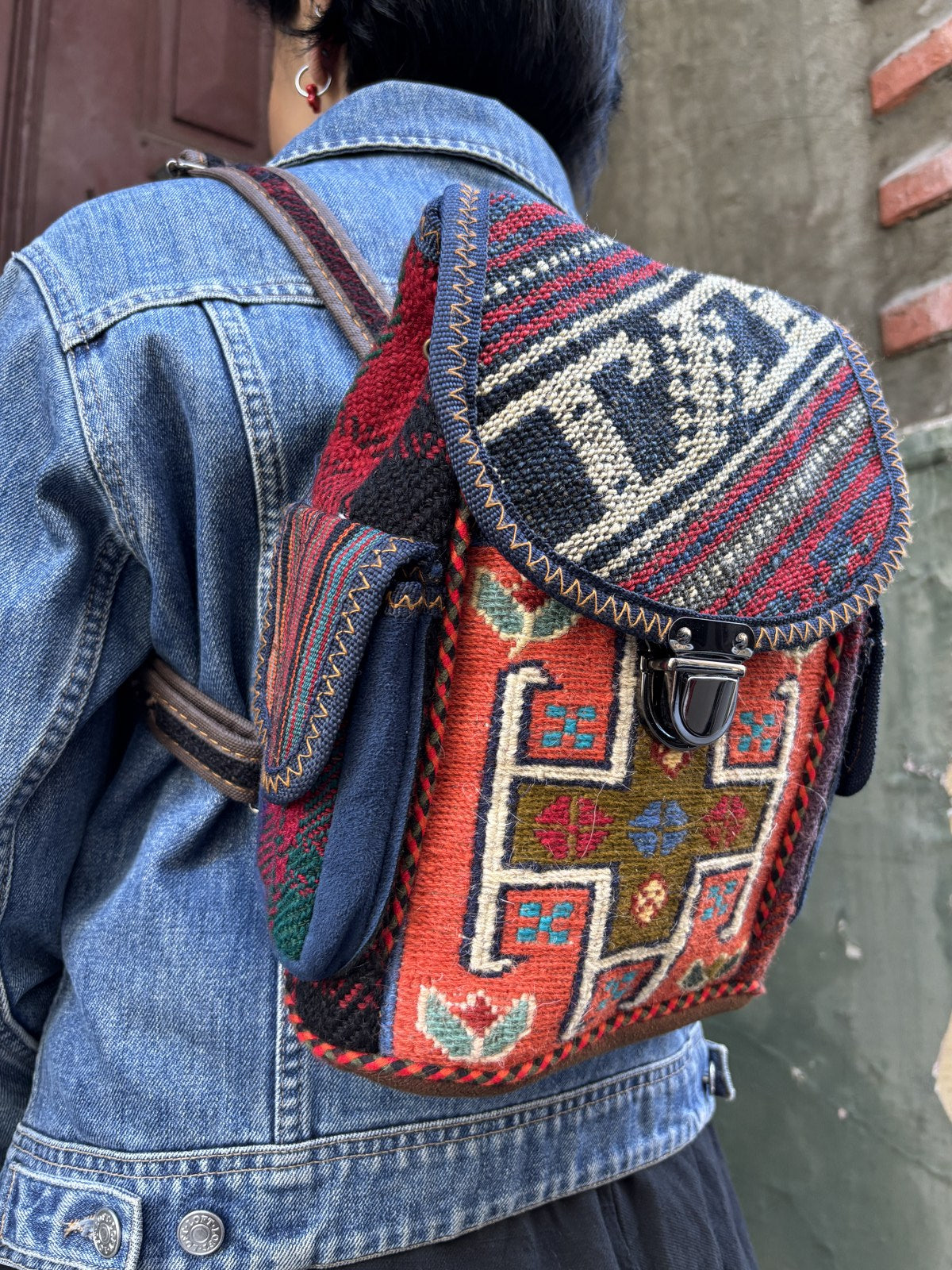 Bohem Turuncu Renkli Mini Kilim Sırt Çantası