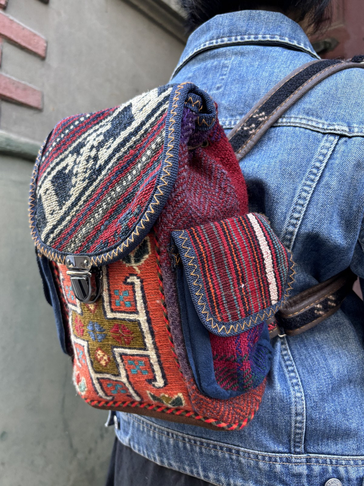 Bohem Turuncu Renkli Mini Kilim Sırt Çantası