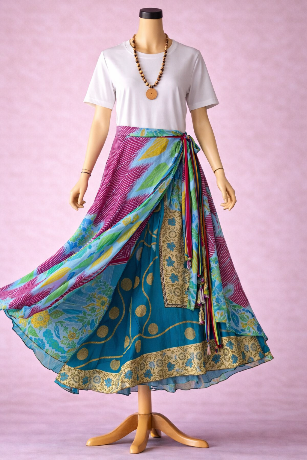 Çift Taraflı Bağlamalı İpek Etek – Mavi Mor Desenli (Nepal)