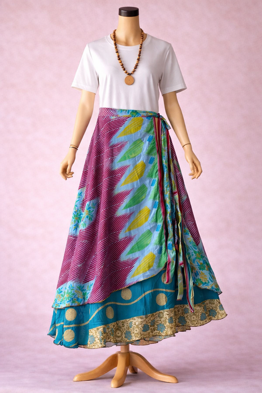 Çift Taraflı Bağlamalı İpek Etek – Mavi Mor Desenli (Nepal)