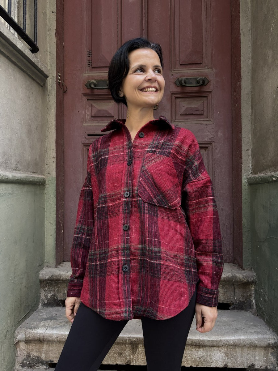 Oversize Kadın Ekoseli Oduncu Gömlek – Kırmızı