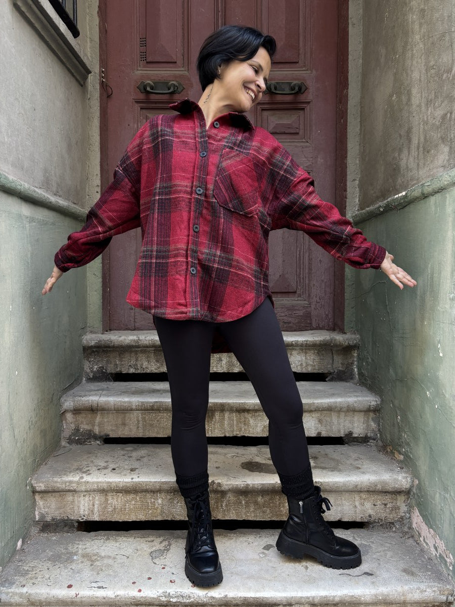 Oversize Kadın Ekoseli Oduncu Gömlek – Kırmızı