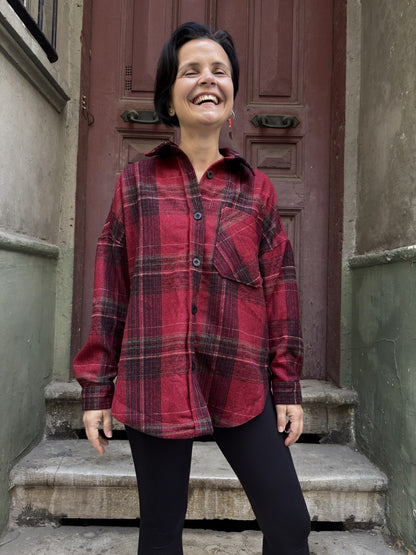 Oversize Kadın Ekoseli Oduncu Gömlek – Kırmızı