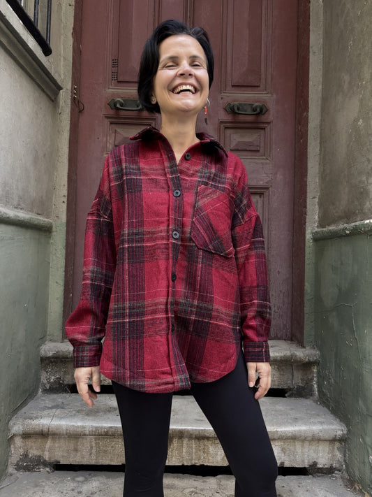Oversize Kadın Ekoseli Oduncu Gömlek – Kırmızı