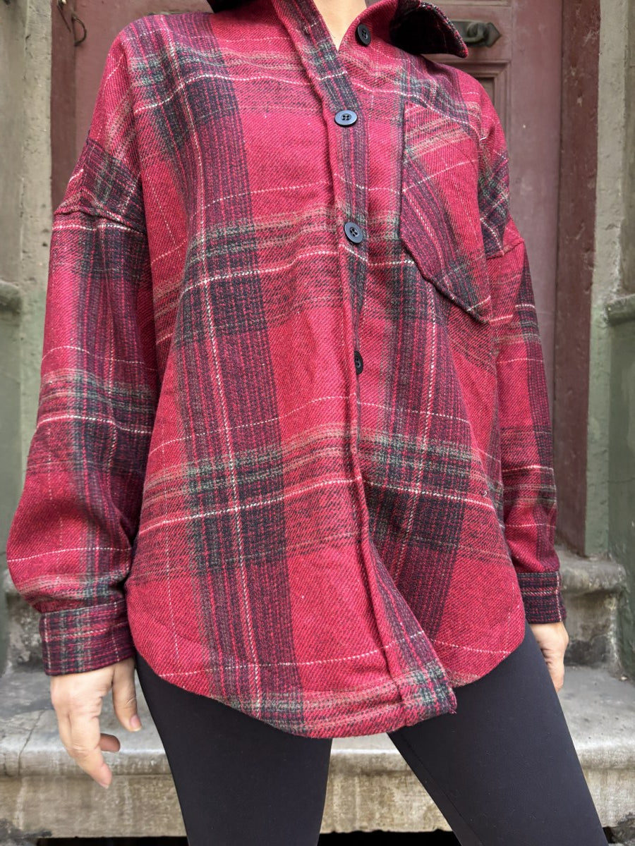 Oversize Kadın Ekoseli Oduncu Gömlek – Kırmızı