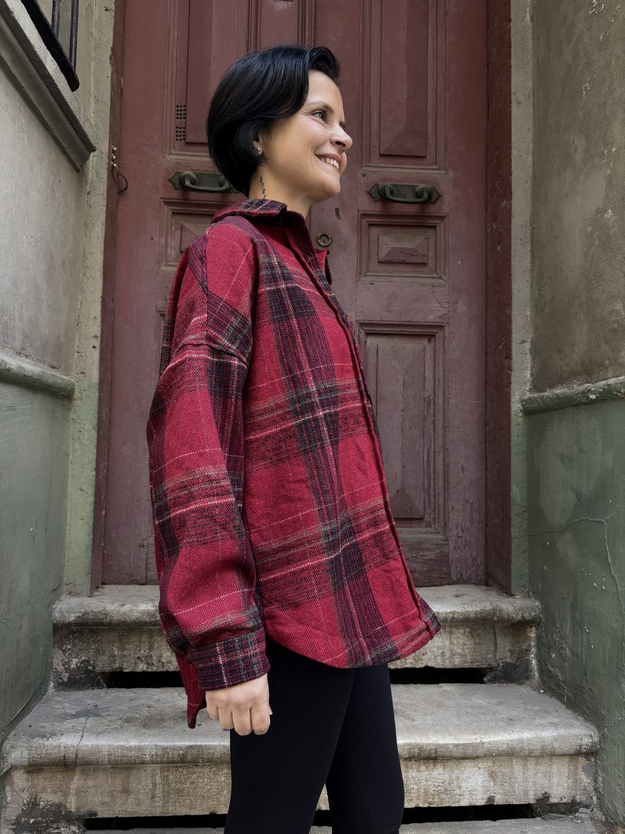 Oversize Kadın Ekoseli Oduncu Gömlek – Kırmızı