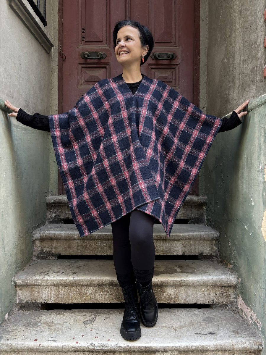 Çift Kullanımlı Kadın Boho Ekose Panço–Bluz