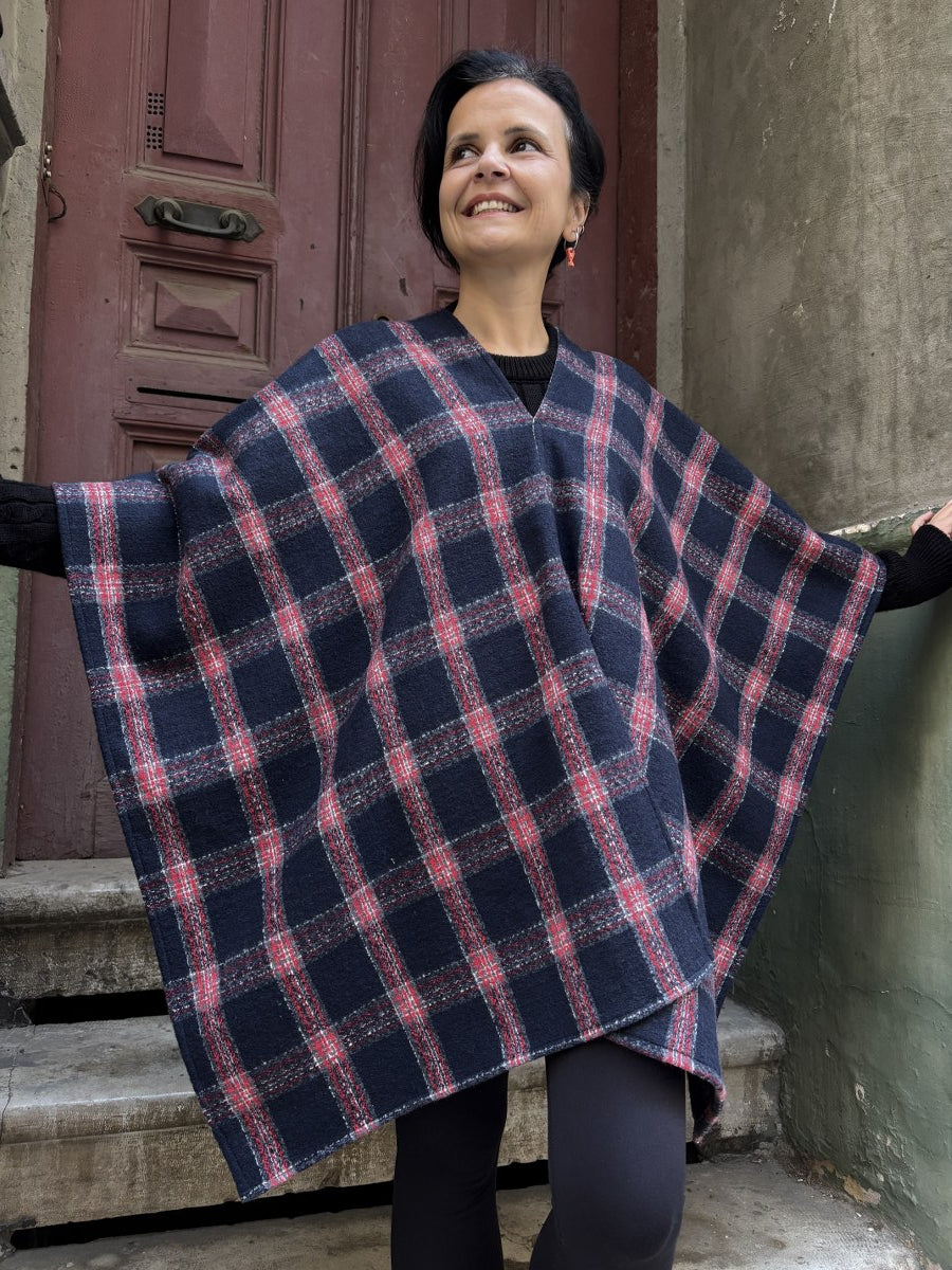 Çift Kullanımlı Kadın Boho Ekose Panço–Bluz