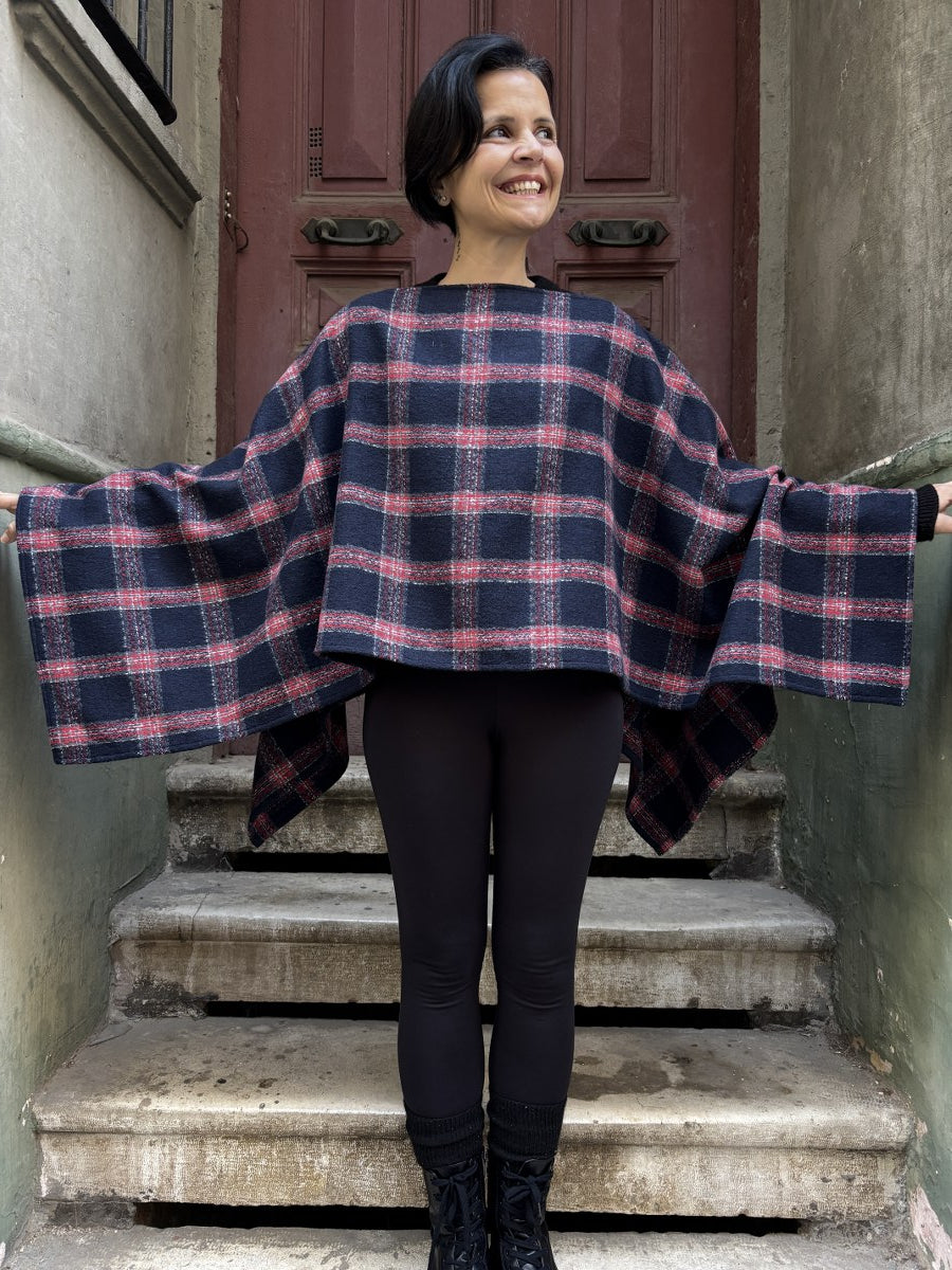 Çift Kullanımlı Kadın Boho Ekose Panço–Bluz