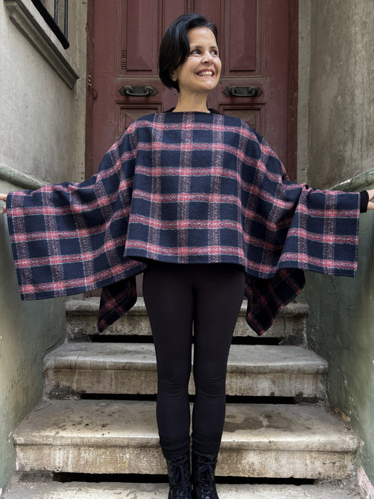 Çift Kullanımlı Kadın Boho Ekose Panço–Bluz
