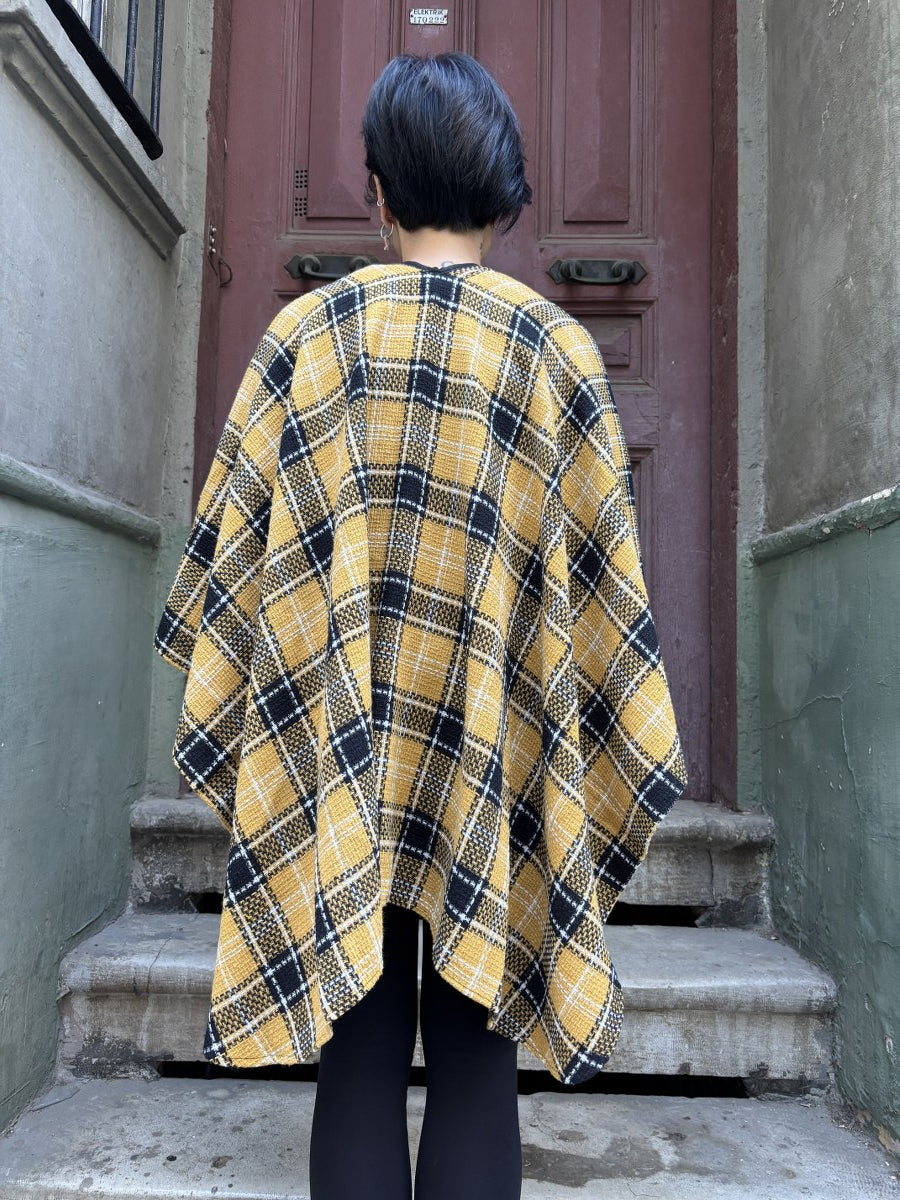 Siyah Sarı Kadın Renkli Ekose Panço