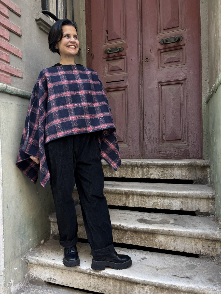 Çift Kullanımlı Kadın Boho Ekose Panço–Bluz