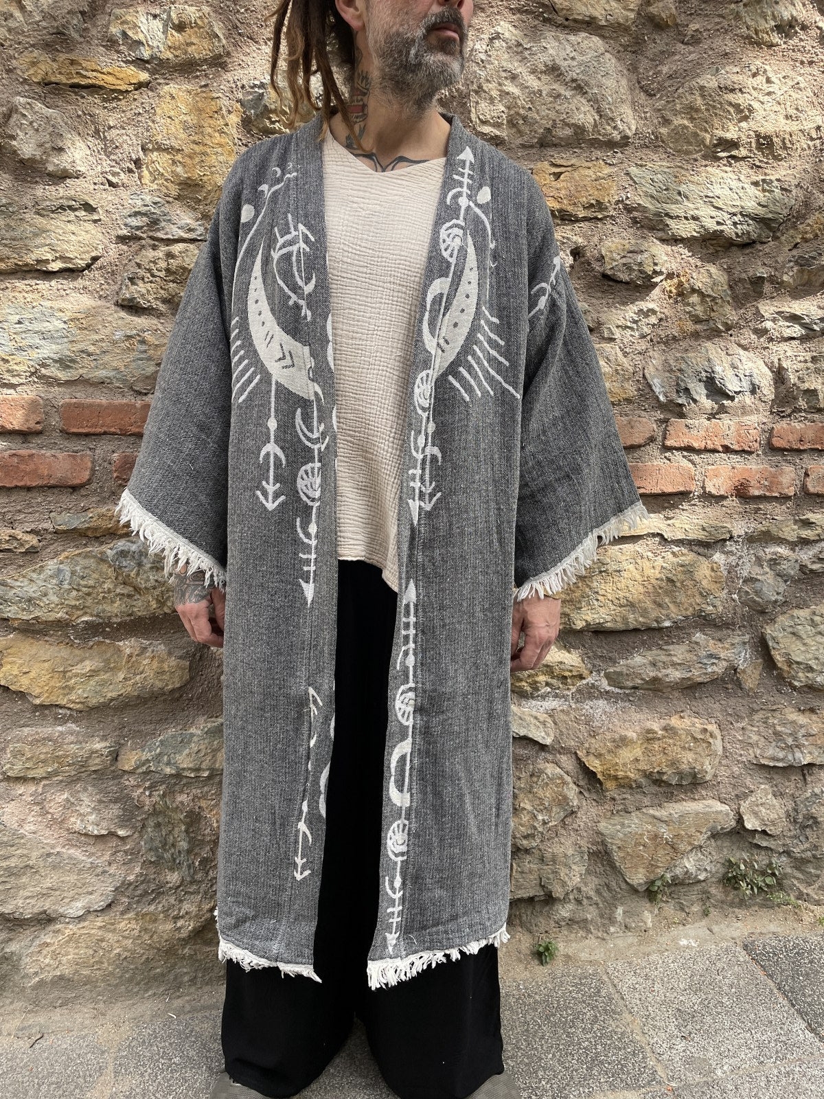 Göz Desenli Uzun Erkek Kimono Ceket Bornoz Kaftan