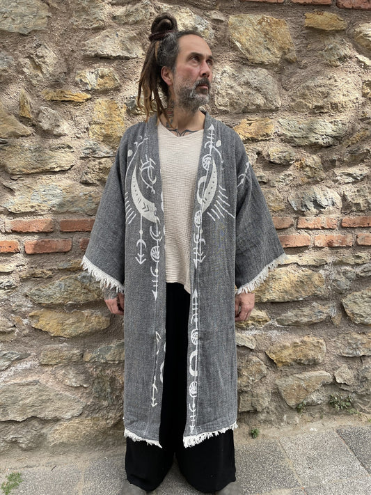 Göz Desenli Uzun Erkek Kimono Ceket Bornoz Kaftan