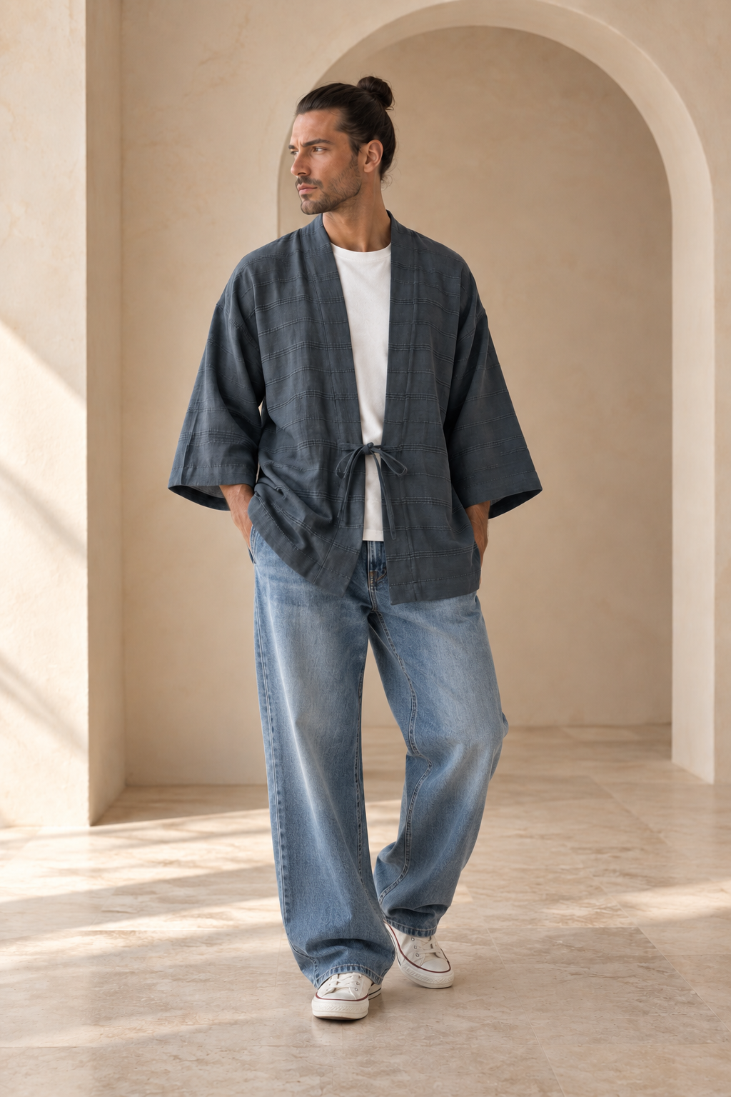 Kaito Antrasit Erkek Kimono – Dokulu Pamuklu Kumaş, Rahat Kesim