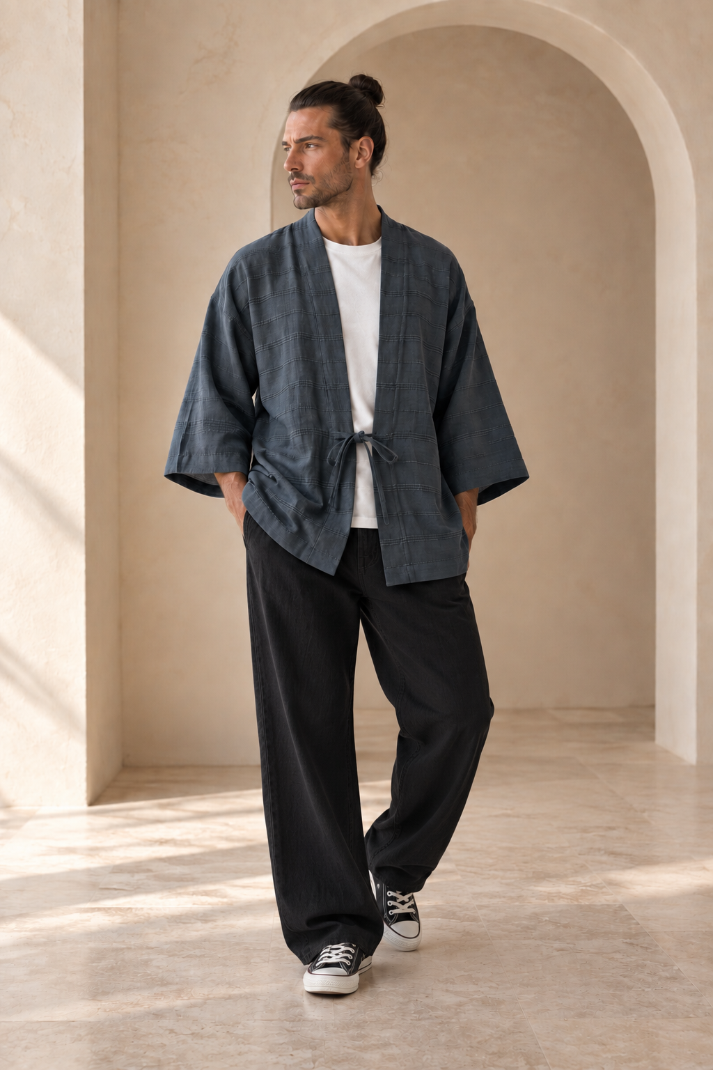 Kaito Antrasit Erkek Kimono – Dokulu Pamuklu Kumaş, Rahat Kesim