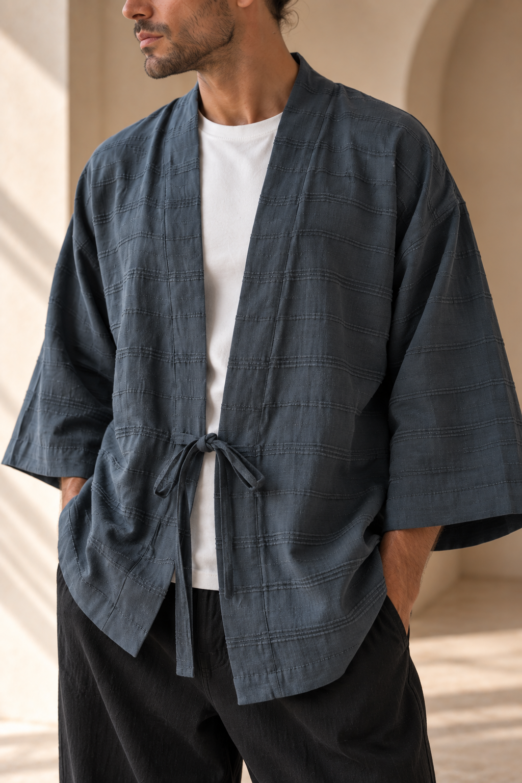 Kaito Antrasit Erkek Kimono – Dokulu Pamuklu Kumaş, Rahat Kesim