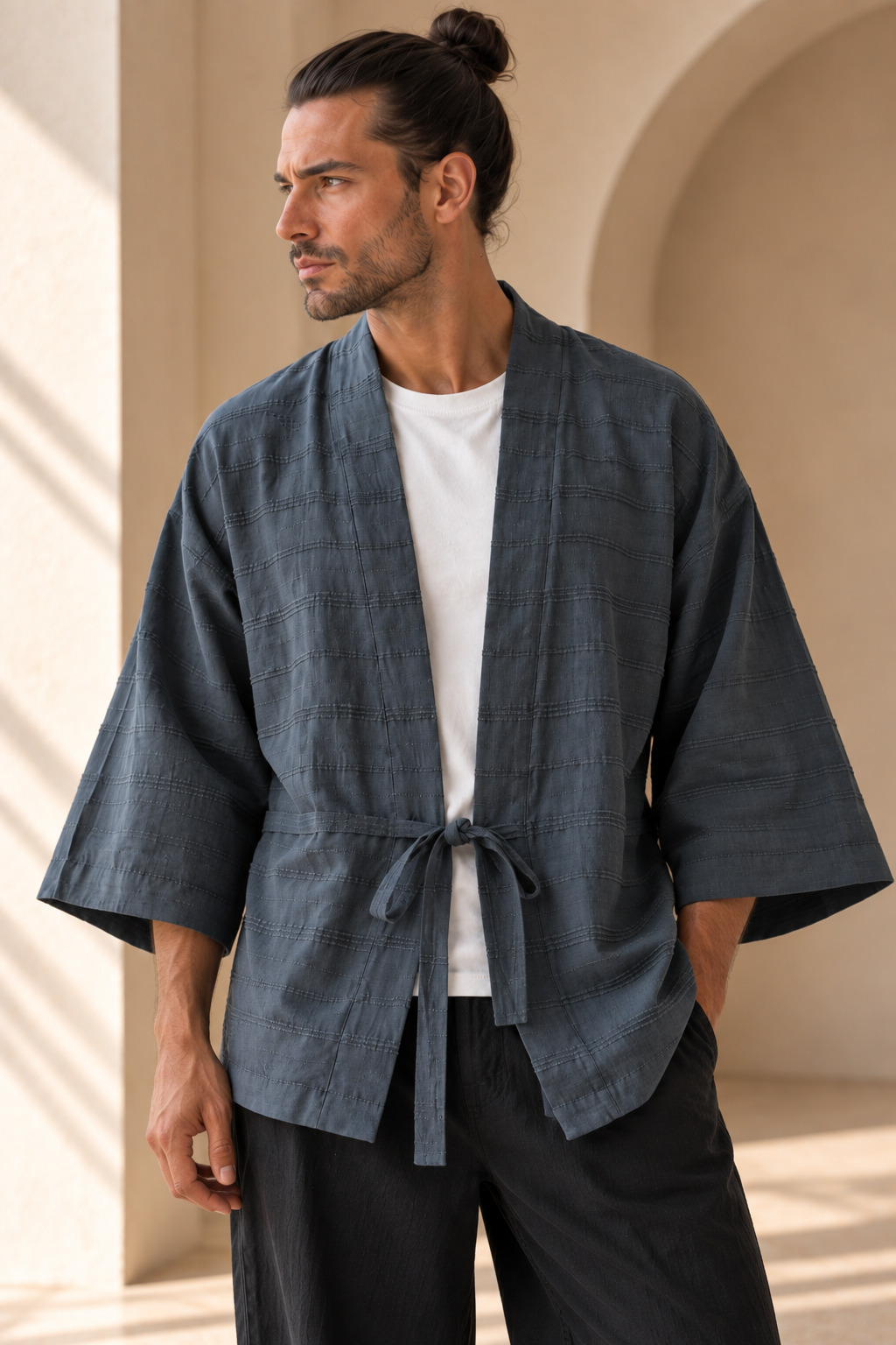 Kaito Antrasit Erkek Kimono – Dokulu Pamuklu Kumaş, Rahat Kesim