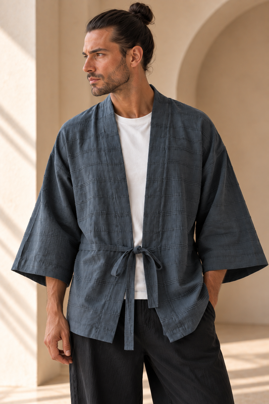 Kaito Antrasit Erkek Kimono – Dokulu Pamuklu Kumaş, Rahat Kesim