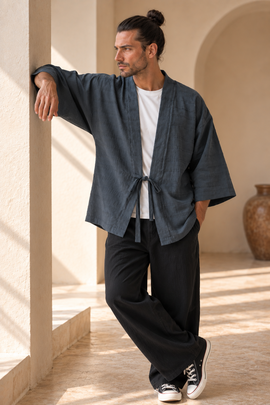 Kaito Antrasit Erkek Kimono – Dokulu Pamuklu Kumaş, Rahat Kesim