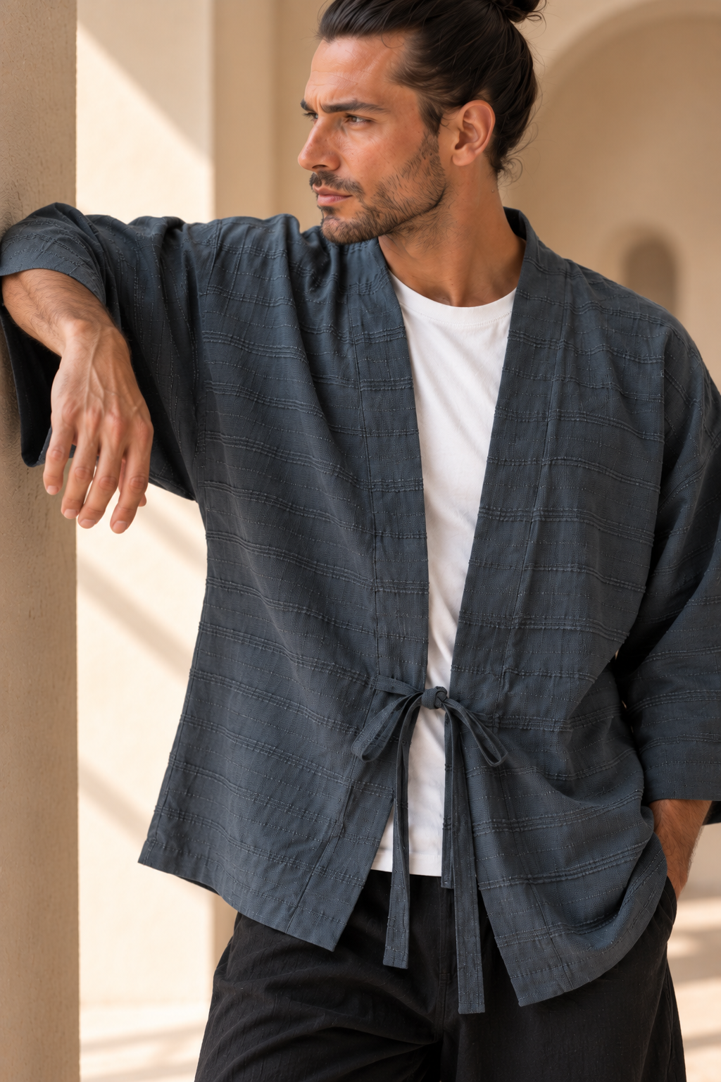 Kaito Antrasit Erkek Kimono – Dokulu Pamuklu Kumaş, Rahat Kesim