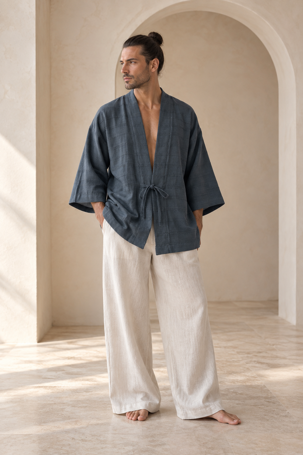 Kaito Antrasit Erkek Kimono – Dokulu Pamuklu Kumaş, Rahat Kesim