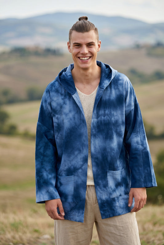 Ocean Shadow Kapüşonlu Batik Kimono – Unisex Oversize Bohem Ceket - Sürdürülebilir