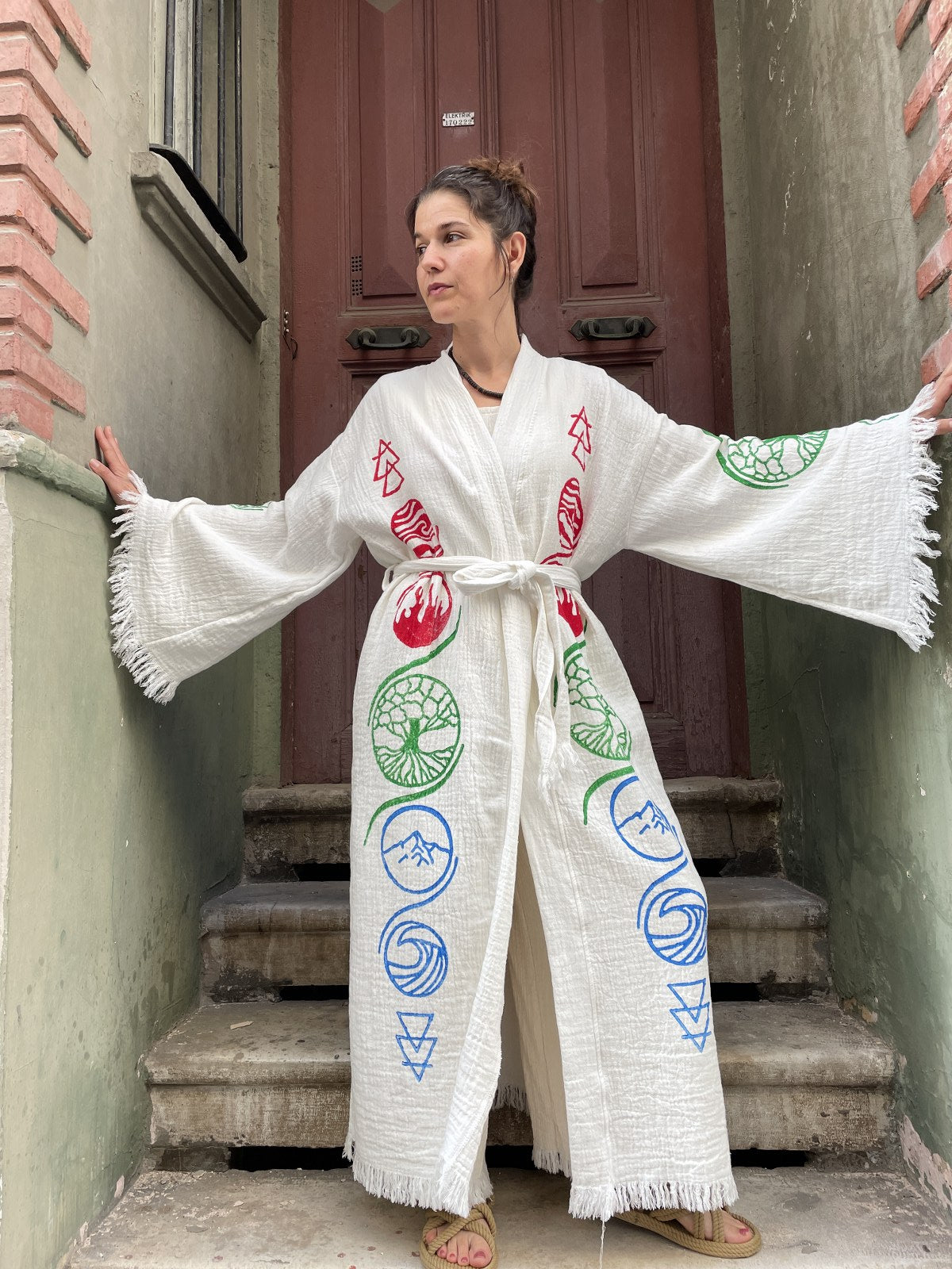 Unisex Desenli Doğal Kumaş Kimono Bornoz Kaftan, Festival Kaftan