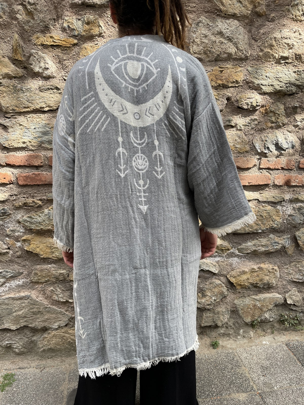 Festival Gri Göz Desenli Uzun Erkek Kimono Ceket Bornoz Kaftan