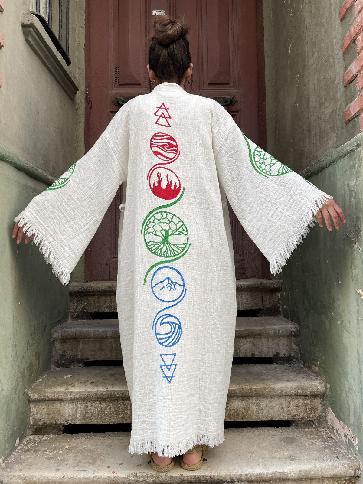 Unisex Desenli Doğal Kumaş Kimono Bornoz Kaftan, Festival Kaftan